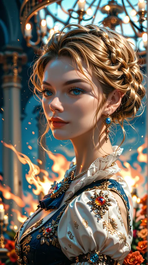  Portrait of a steampunk girl， Eyes as colorful as a chandelier ， Sound pleasing to the ear ， Exquisite brooch ， Stylish hairstyle ， Tailor-made clothing ， Elegant smooth robes ，Fiery air field ， Solemn posture ， stormy background ，dream， airy atmosphere 