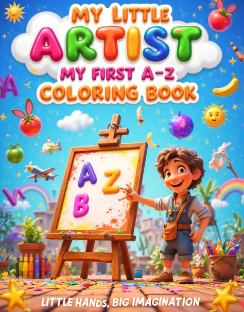 To create a **3D and more engaging prompt** for the cover of *"My Little Artist: My First A-Z Coloring Book"* with the slogan *"Little Hands, Big Imagination"*, here’s how it would look:  

---

### **Prompt for a 3D Front Cover Design**  

"Design a capti...