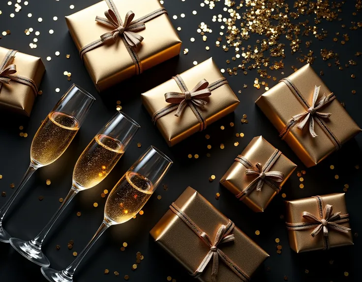 A flat lay of New Year gifts, champagne glasses, and confetti on a black and gold glittery background.
