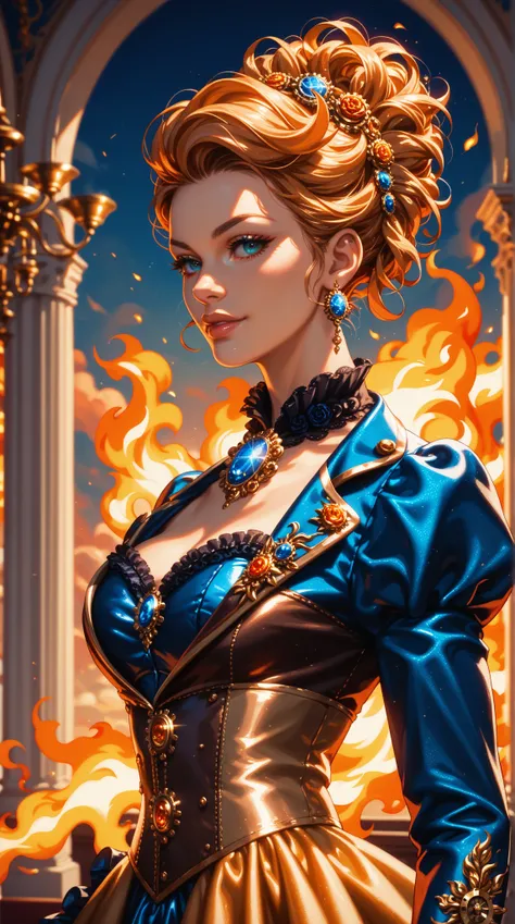  Portrait of a steampunk girl， Eyes as colorful as a chandelier ， Sound pleasing to the ear ， Exquisite brooch ， Stylish hairstyle ， Tailor-made clothing ， Elegant smooth robes ，Fiery air field ， Solemn posture ， stormy background ，dream， airy atmosphere 