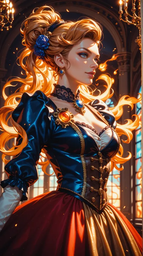  Portrait of a steampunk girl， Eyes as colorful as a chandelier ， Sound pleasing to the ear ， Exquisite brooch ， Stylish hairstyle ， Tailor-made clothing ， Elegant smooth robes ，Fiery air field ， Solemn posture ， stormy background ，dream， airy atmosphere 