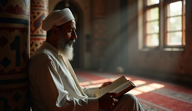 ". A Muslim man wearing traditional Islamic clothes, sitting in an old mosque or Islamic library.  reads the book of Fiqh with interest. Natural light falls on the book . The background of the mosque highlights the quiet religious character. ."