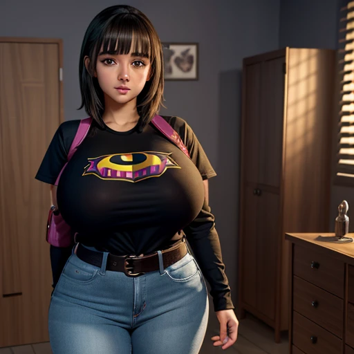 Dark nightmarish movie style, a petite cute shy innocent slightly chubby with monstously huge fat size breasts Mexican nerdy emo teen, short volumetric hair, beautiful detailed brown eyes, cutely detailed lips, super cute highly detailed eyes and face, rou...