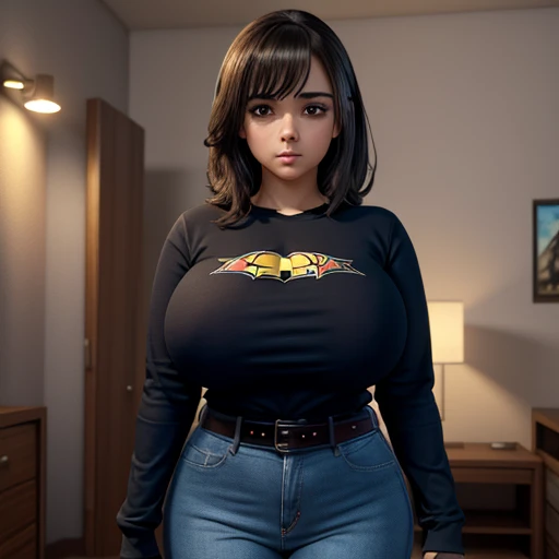 Dark nightmarish movie style, a petite cute shy innocent slightly chubby with monstously huge fat size breasts Mexican nerdy emo teen, short volumetric hair, beautiful detailed brown eyes, cutely detailed lips, super cute highly detailed eyes and face, rou...