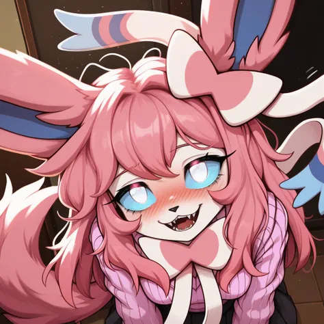 crazy expression, romantic expression, 1girl, anthro, furry, fur, fluffy fur, fluffy big fluffy pink tail, sylveon girl, pink hair, medium/long hair, soft/messy hair, (19 years), white eyes, blue sclera, glowing eyes, crazy eyes, twitching, medium breast, ...