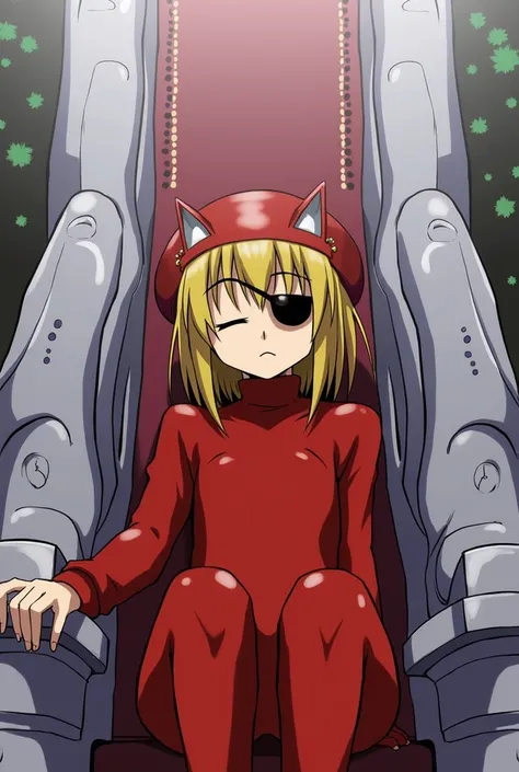 1girl, souryuu asuka langley, neon genesis evangelion, rebuild of evangelion, lance of longinus, cat hat, plugsuit, pilot suit, red bodysuit, sitting, crossed legs, black eye patch, throne, looking down, from bottom, looking at viewer, outdoors, masterpiec...