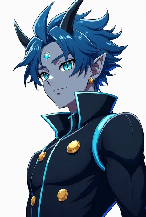 Japanese Anime style illustration of dark  mysteries muscular handsome alien guy grey skin character in with blue hair , cosmic , dark , anime style , in white background , blue eye on forehead , beautiful cyberpunk cosmic cloths. blue glowing lines and go...