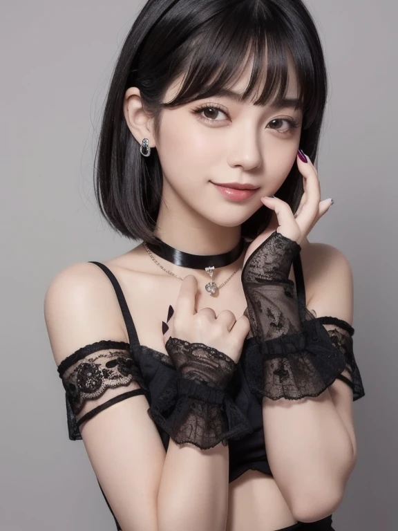 Pilyeon, Alone,   One Girl  , Black nails, gem,   short hair ,   viewers,   choker  ,   necklace,    piercing on the spot  , White background, heart,    mouse with closed eyes ,   gray eyes,   nail polish,   simple background ,   gray hair, ear    piercing...