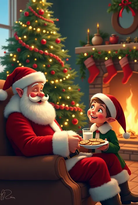 Santa and the  sharing cookies and milk by the Christmas tree, with a sense of warmth and magic filling the room. Santa winks, and the  smiles, beaming with joy