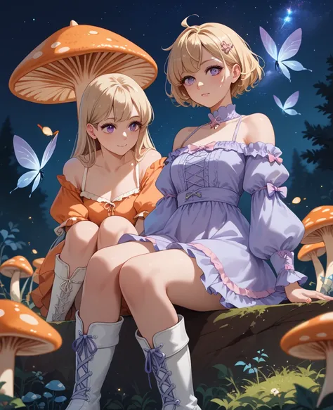 Light blonde haired anime woman with pale blue purple eyes wearing pink off shoulder puffy sleeves dress and knee length white boots sitting in the woods next to an orange mushroom surrounded by fireflies under starry sky sitting  