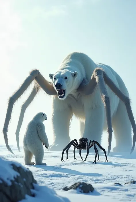 Here’s a prompt for a scene with a polar bear and a spider facing each other:

"In the heart of a vast, snow-covered tundra, a towering polar bear stands in the center of a frozen clearing, its massive frame outlined against the pale sky. Its fur is thick ...