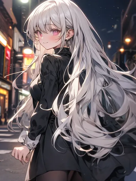 1 girl, ojos verdes azulados, long white hair, tight long sleeve black dress,  long black tights , little smile,((looking to the spectador)),((street at night))