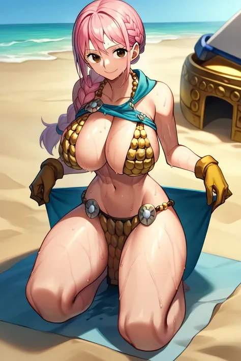 RebeccaXLP, large breasts, pink hair, single braid, bikini armor, gloves, golden armor, loincloth lift, bikini, jewelry, brown eyes, smile, sweat wet, knees on hands, beach, from front, looking at viewer, clear sky, full-body shot, masterpiece, best qualit...