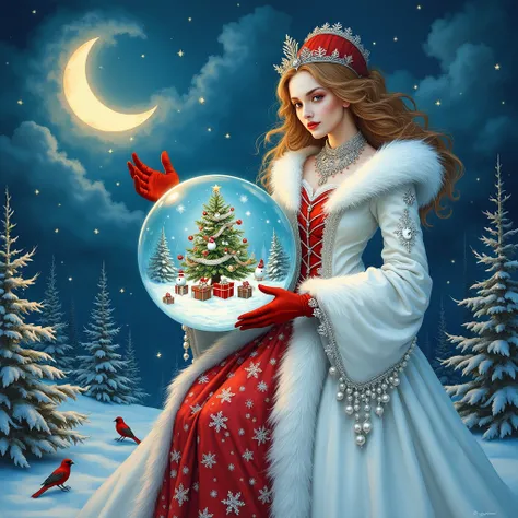 in the style of Josephine Wall, a beautiful sorceress in a winter whirlwind dress trimmed with white fur, pearls, and silver threads in Rococo style, hands in red gloves, holding a large transparent crystal ball inside which is a New Years Tree snowman.gif...