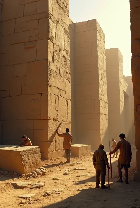 Carving Stones: Giants chiseling enormous blocks of stone with giant tools while human workers handle smaller details nearby. The scene is illuminated by golden sunlight, showcasing a contrast of scale and teamwork.