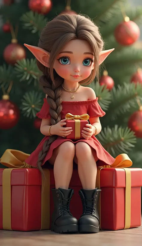 Super realistic illustration, Detailed Fantasy art, Cinema 4D rendering, 1 cute lady, solo, full body, A fairy-sized elven lady is sitting on the edge of Stacked presents, hands holding a present, opening present. braided brown hair, blue eyes. Big eyes an...