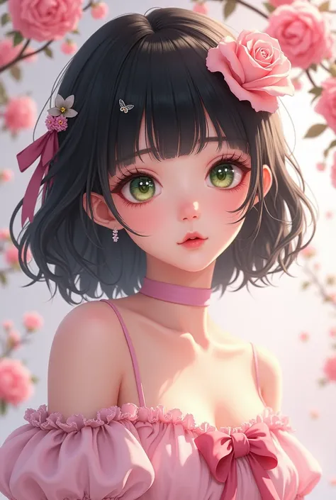 1girl, solo, flower, earrings, jewelry, looking_at_viewer, bangs, black_hair, green_eyes, nail_polish, short_hair, blunt_bangs, hair_bun, hair_ornament, ribbon, bare_shoulders, frills, detached_sleeves, parted_lips, bow, blush, lingerie, cowboy_shot, pink_...