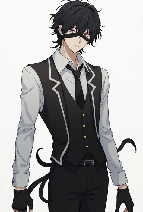 hair like dazai osamu mafia like

black eye bandages on left eye

wearing white with black line,

wear white long arm clothe and black vest, black tie and white collar

black pants

fingerless black glove

and absolute solver tail

oh yeah under the black ...