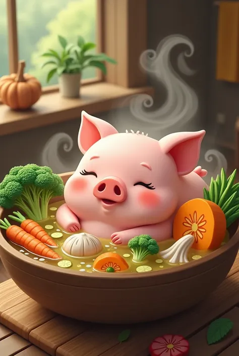 cute pig.  vegetable broth, Bathing , Shiitake mushrooms,carrots, broccoli,Pumpkin,Lotus root 