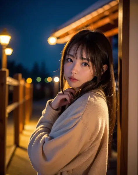 (4k, RAW photo, best quality, masterpiece:1.2),japanese,1girl,winter,night light,face focus,looking another,
 