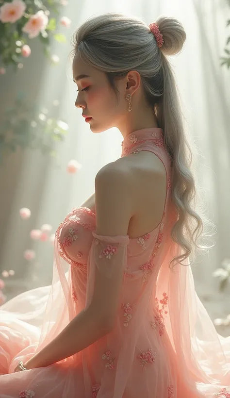 FULL BODY IMAGE: A VERY BEAUTIFUL ORIENTAL GIRL, SEXIEST FIGURE, WHITE SKIN WEARING A CHINESE GOWN, THIN SEE-THROUGH FABRIC MADE OF PINK PEONY, LIGHT WAVES, HIGH DEFINITION BEAUTIFUL LIGHT,  masterpieces ,  Ponytail, Gray hair, Hair highlights,  boobs,  bo...