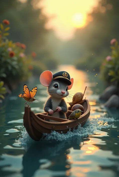 "A mouse wearing a captains hat steering a tiny boat with a bird, a snail, and a butterfly as passengers, traveling through a sparkling river at twilight.