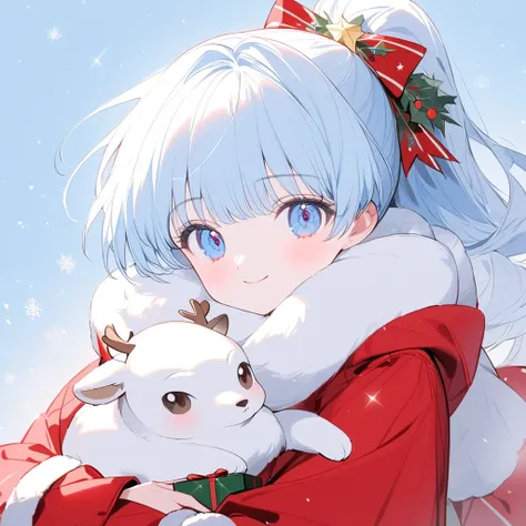  girl,  Christmas,  ponytail hair holding a reindeer, Santa Girl,  beautiful eyes, Light blue short hair、 amazing smile 、(white fur scarf  、Red coat), present box box, snow,  Christmas design, Sparkling  Christmas,  red cheeks , Light blue background,  lig...