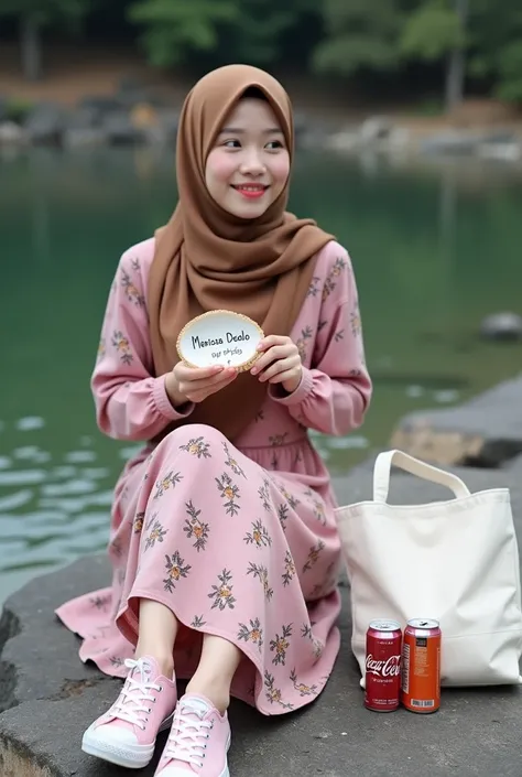  A realistic photo of a 20-year-old Korean woman with wearing a brown floral hijab and a pink dress with a floral pattern. She is sitting on a rocky outcrop near a body of water. There is a white canvas bag next to her, and she is wearing pink Converse sho...