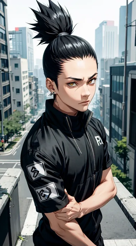 Masterpiece, 1boy, Superb Style, cyberpunk style, Urban Streetwear clothes, Outdoor, Upper Body, Shikamaru nara, bright eyes, black hair, cool boy