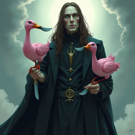 Tall man, thin, dark clothes,  long brown hair ,  Blue Eyes, Aquilian nose , dark cover,  in a serious face, sereno, imposing look,  strange shape like Nosferatu ,  being adored by a pink duck holding a knife in its beak,  heavenly environment 


