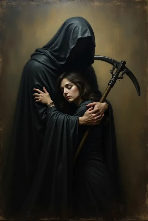 A dark, oil painting in the style of Goya, featuring the figure of Death as a cloaked, shadowy figure embracing a weary, defeated person. The person, exhausted by life, has closed eyes, finding solace in Death’s embrace. The background is dim, with a muted...