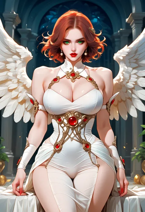  a beautiful and sensual woman ,Red lips,powerful look,large curves ,Reddish hair that falls over the shoulders,Intense green eyes,Light and agile armor with inscriptions,perfect anatomy,perfect body,angel wings,