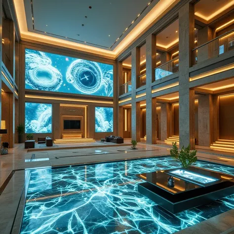 A luxurious futuristic mansion full of screens that show evolution and opulence. 