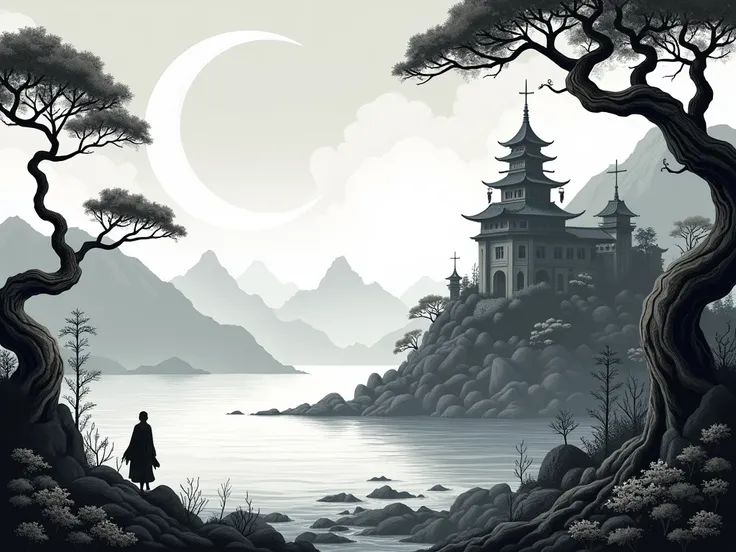 perspective moon, castle, forest, mountain, spiral, waves, sea, Japanese style, illustration, illustration, black and white