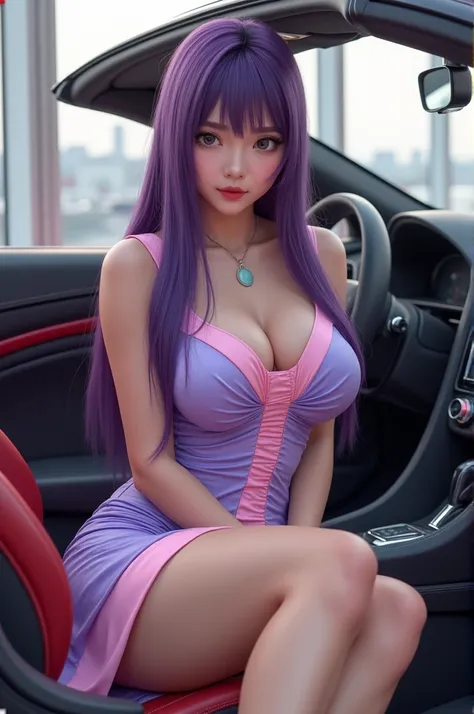  Beautiful 25-year-old Asian European woman with long straight purple straight hair plump and full body, purple pink white dress with wrinkled waist high heels in white ,sitting in a sporty car 