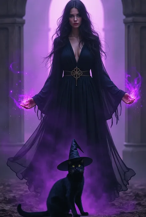 Black-haired woman who is a brunette who has a cat wearing a witchs hat and who does magic and who can see the silhouette of the Aura ay Violeta