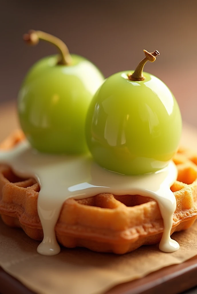  Draw two green grapes and fresh cream on top of a rich croissant waffle