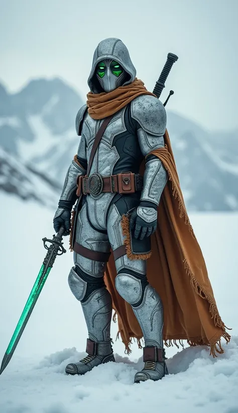  Deadpool silver armor in the arctic desert,  with a lightning long sword . He wears an alien mask  (green color mask ) dan detail naga putih pada pakaiannya,   Despite being in an arctic environment,  the color of his clothes is warm ,  like brown , golde...