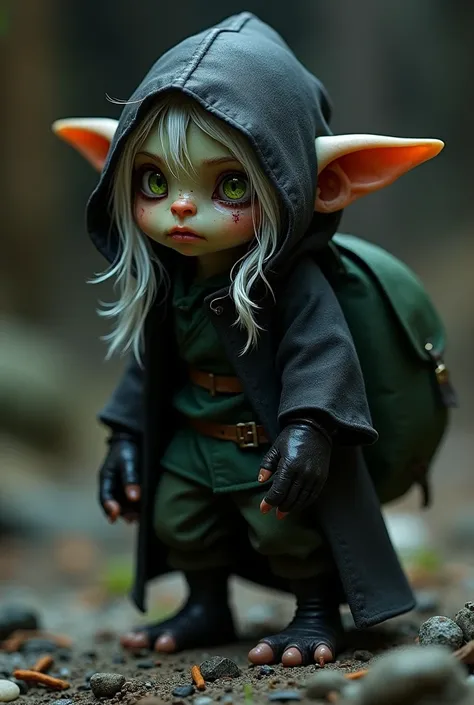 small, male goblin, black hood, long white hair, green eyes, black thief attire, green undershirt, black leather gloves, long slack pants, black ninja shoes, green backpack, alchemist supplies, (scars on face) motionless expression, 