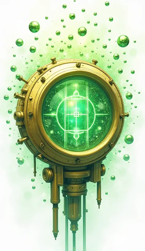 Anime style illustration of device called "Time barrier protocol " Atoms floating around that , magical , gold plated , green colour , holographic  , more likely energy core , in white background , cyberpunk.