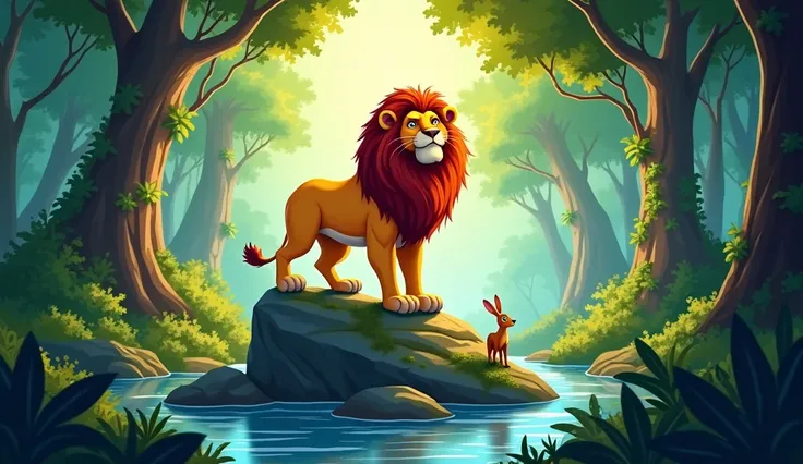 "Create a vibrant cartoon-style image of a majestic lion standing on a large rock in the middle of a dense jungle. The lion looks fearless with a proud expression, its mane glowing in the sunlight filtering through the trees. The jungle is lush, with tall ...