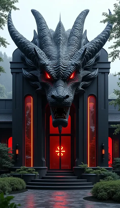 Front View: A dragon-themed luxury house with a bold black facade and glowing red accents, showcasing its dragon-like scales and illuminated eyes.