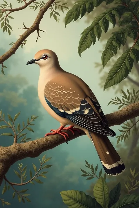 there is a bird that is sitting on a branch in the tree, an illustration of by Charles Bird King, shutterstock, renaissance, rare bird in the jungle, dove, smooth-chinned, ophanim has bird wings, a spotted dove flying, doves, kuntilanak on tree, pigeon, yo...