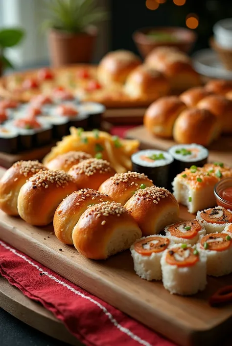 New Years table,  rolls , Pizza, sushi