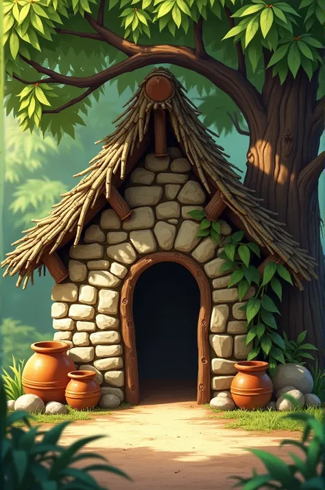 A quaint little hut made of unevenly stacked stones under the mango tree. The roof is made of woven twigs and leaves. The hut has a tiny entrance and a handmade charm, with vines creeping along its walls. Around the hut, there are small clay pots and pebbl...