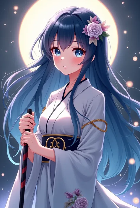 Anime picture form ,
 A beautiful girl with long dark blue hair and blue eyes is wearing a robe,  holding a cane and making a cute expression 