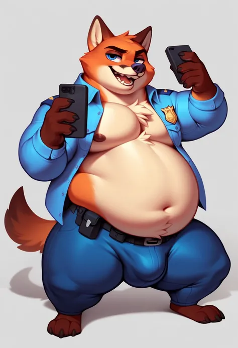 Nick from Zootopia 。Too fat to move。 super obese body weighs 3000 kg 。 I managed to make a phone call while sitting on a chair at the police station 、 he was overwhelmed by his big stomach and chest 。 Nicks police officers uniform was stretched with his bi...