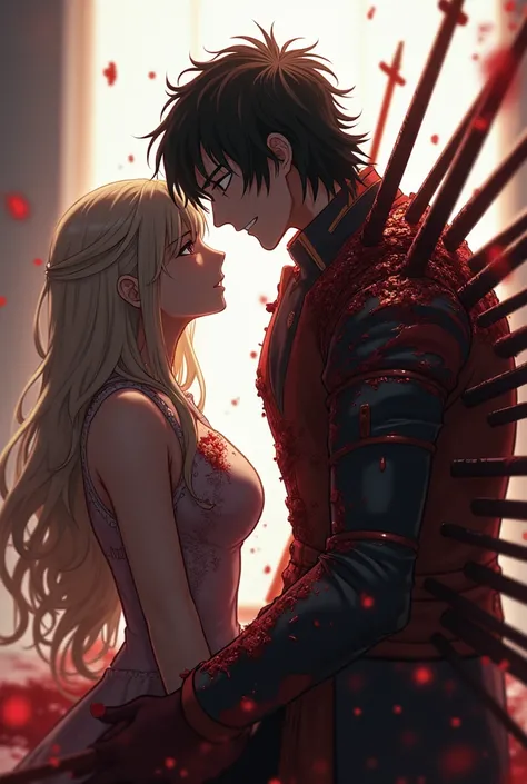 Anime Man with long wavy hair keeps smiling in front of his woman even though his back is pierced by many swords and arrows and a lot of blood poured on him while kneeling