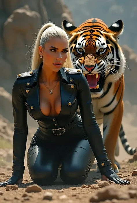 Kim Kardashian with blond long straight hair as a ponytail in a tight leather military uniform with collar and buttons  ,generous cleavage , and a wide black belt around her stomach,  on a mountain, Kim crawls on the floor,  Behind Kim is a tiger with an o...