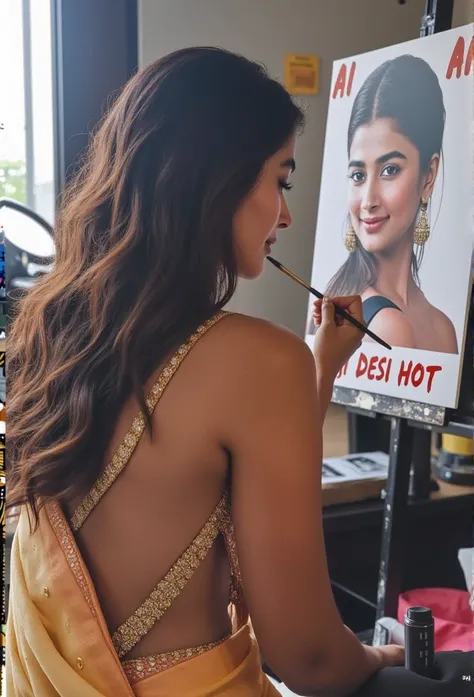 "A stunning Indian woman with long, flowing hair, wearing a revealing yet elegant saree with intricate golden embroidery, sitting in an artistic studio. She is painting a hyper-realistic portrait of a man or woman on a large canvas. Her brush hovers above ...